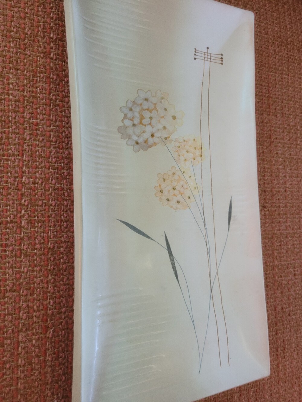 Vintage Mid-Century Modern Rectangular Ceramic Platter Pale Yellow Floral Motif